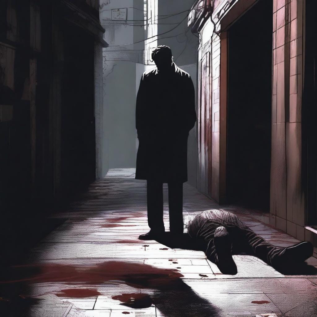 A dark and eerie scene depicting the mystery murder of a man in a dimly lit alley