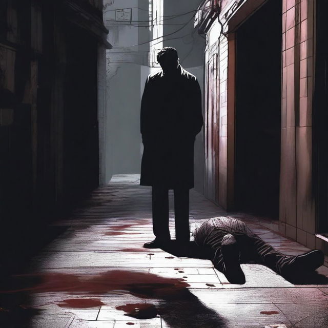 A dark and eerie scene depicting the mystery murder of a man in a dimly lit alley