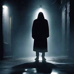 A dark alleyway scene with a shadowy figure standing over a lifeless body, illuminated by a single flickering streetlight