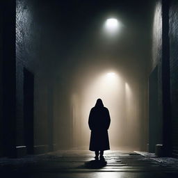 A dark alleyway scene with a shadowy figure standing over a lifeless body, illuminated by a single flickering streetlight