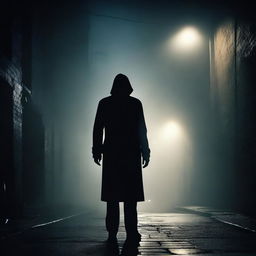 A dark alleyway scene with a shadowy figure standing over a lifeless body, illuminated by a single flickering streetlight