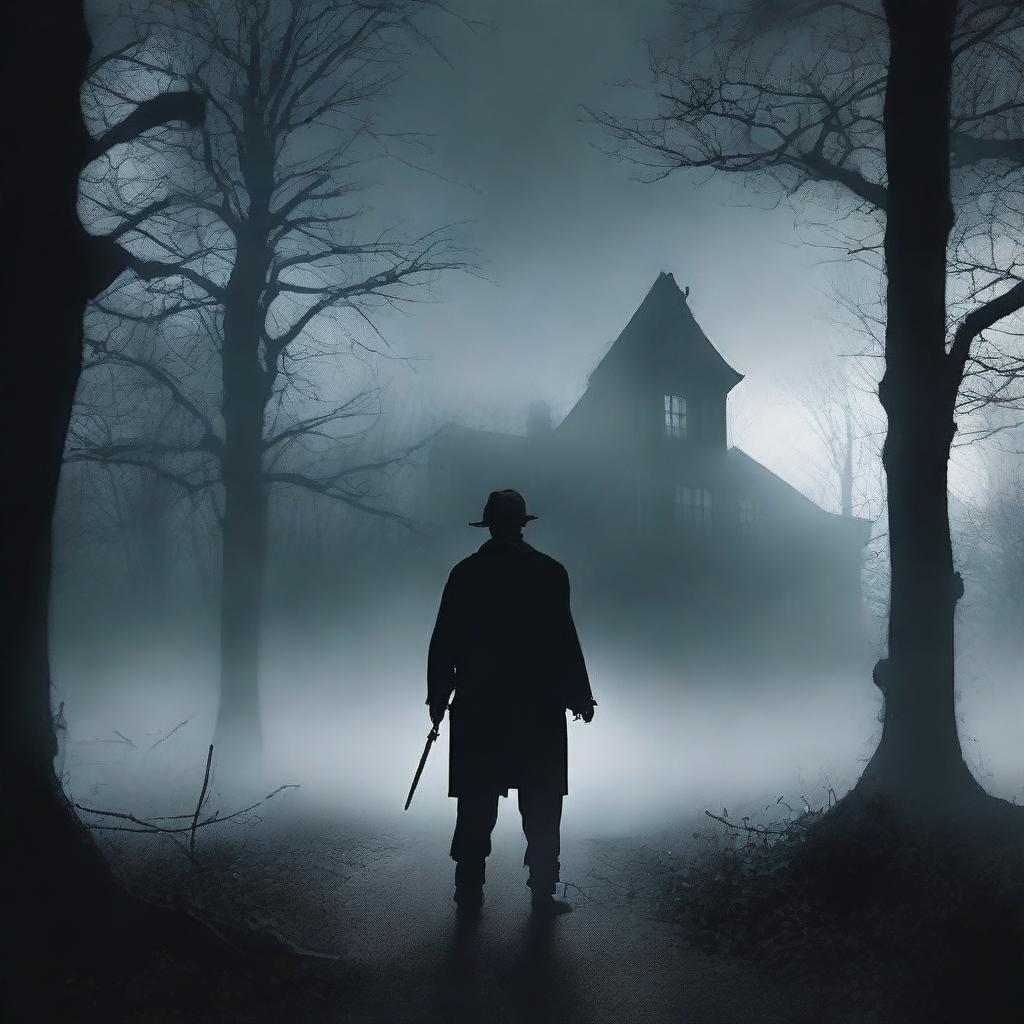 A suspenseful book cover featuring a dark and eerie setting, with a shadowy figure holding a knife