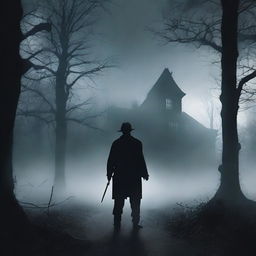 A suspenseful book cover featuring a dark and eerie setting, with a shadowy figure holding a knife