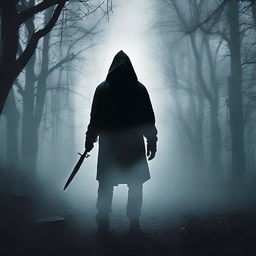 A suspenseful book cover featuring a dark and eerie setting, with a shadowy figure holding a knife