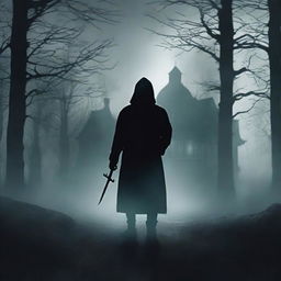 A suspenseful book cover featuring a dark and eerie setting, with a shadowy figure holding a knife