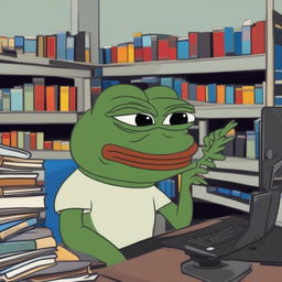 Pepe the Frog is angrily studying in a dimly lit, old-fashioned library filled with books