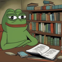 Pepe the Frog is angrily studying in a dimly lit, old-fashioned library filled with books