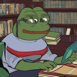 Pepe the Frog is angrily studying in a dimly lit, old-fashioned library filled with books