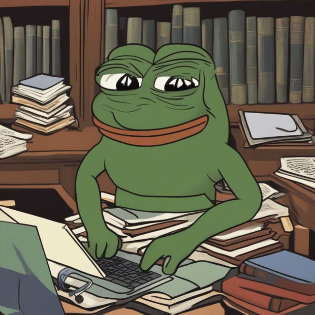 Pepe the Frog is angrily studying in a dimly lit, old-fashioned library filled with books