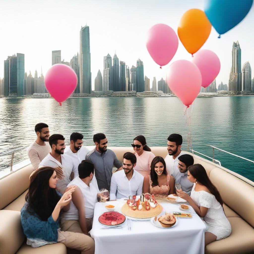 A vibrant scene of a birthday party taking place on a luxurious yacht in Dubai