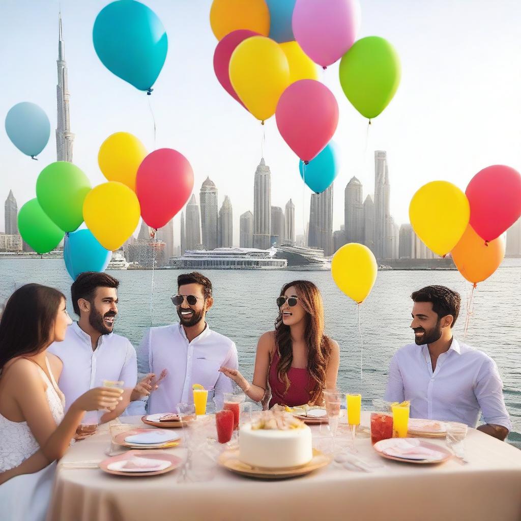 A vibrant scene of a birthday party taking place on a luxurious yacht in Dubai