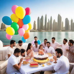 A vibrant scene of a birthday party taking place on a luxurious yacht in Dubai