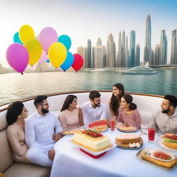 A vibrant scene of a birthday party taking place on a luxurious yacht in Dubai