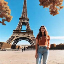 A vibrant image of an 18-year-old standing in front of the Eiffel Tower