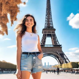 A vibrant image of an 18-year-old standing in front of the Eiffel Tower