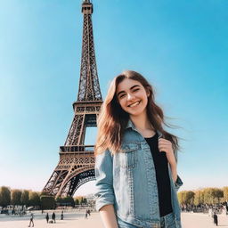 A vibrant image of an 18-year-old standing in front of the Eiffel Tower