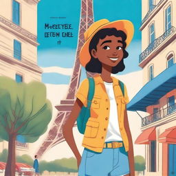 A cartoon-style book cover featuring an 18-year-old standing in front of the Eiffel Tower