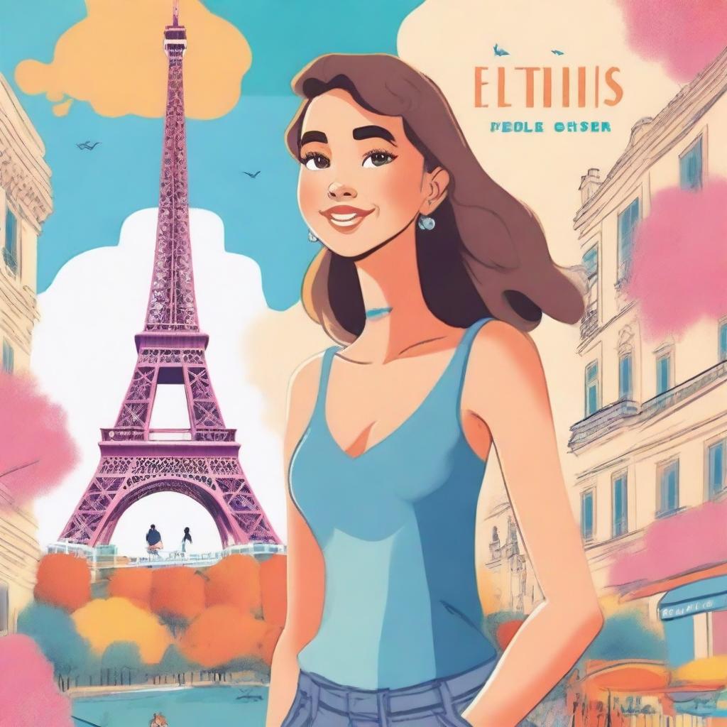 A cartoon-style book cover featuring an 18-year-old standing in front of the Eiffel Tower