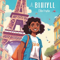 A cartoon-style book cover featuring an 18-year-old standing in front of the Eiffel Tower