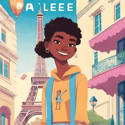 A cartoon-style book cover featuring an 18-year-old standing in front of the Eiffel Tower