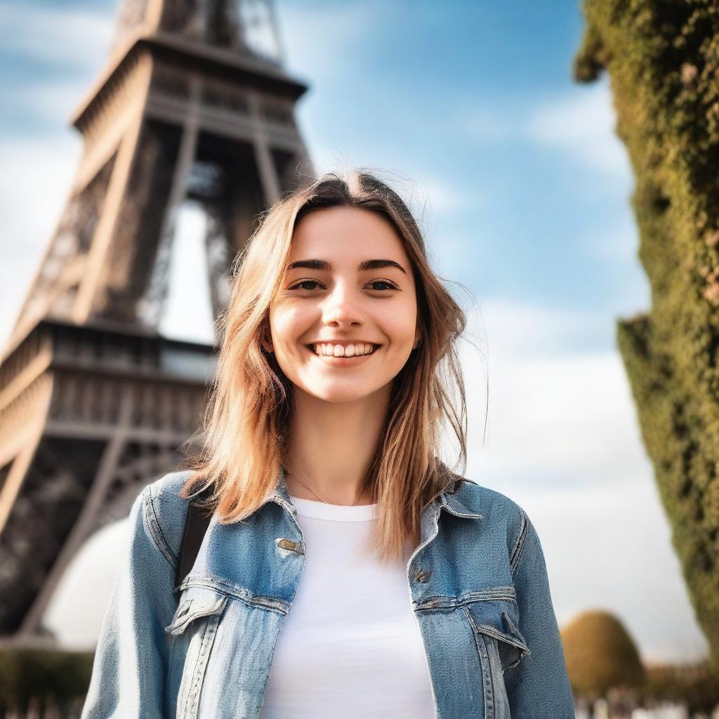 A cheerful 18-year-old white girl standing in front of the Eiffel Tower