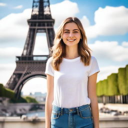 A cheerful 18-year-old white girl standing in front of the Eiffel Tower