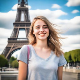 A cheerful 18-year-old white girl standing in front of the Eiffel Tower