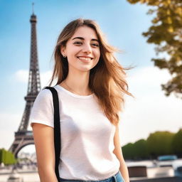 A cheerful 18-year-old white girl standing in front of the Eiffel Tower