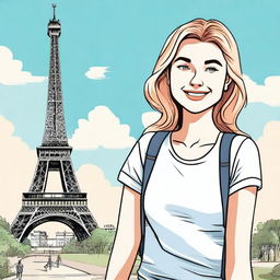 A cheerful 18-year-old white girl standing in front of the Eiffel Tower, illustrated in a cartoon style