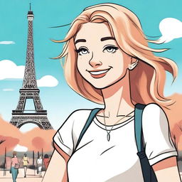 A cheerful 18-year-old white girl standing in front of the Eiffel Tower, illustrated in a cartoon style