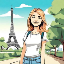 A cheerful 18-year-old white girl standing in front of the Eiffel Tower, illustrated in a cartoon style