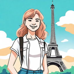 A cheerful 18-year-old white girl standing in front of the Eiffel Tower, illustrated in a cartoon style