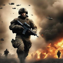 A dramatic war movie poster featuring a brave soldier in full combat gear, standing resolute amidst a smoky battlefield