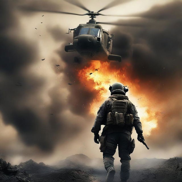 A dramatic war movie poster featuring a brave soldier in full combat gear, standing resolute amidst a smoky battlefield