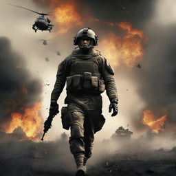 A dramatic war movie poster featuring a brave soldier in full combat gear, standing resolute amidst a smoky battlefield