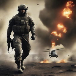 A dramatic war movie poster featuring a brave soldier in full combat gear, standing resolute amidst a smoky battlefield