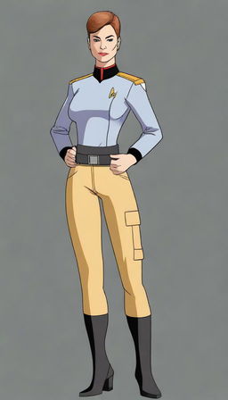 Create a detailed character illustration of a female Vulcan science officer wearing the Star Trek uniforms from the Lower Decks series