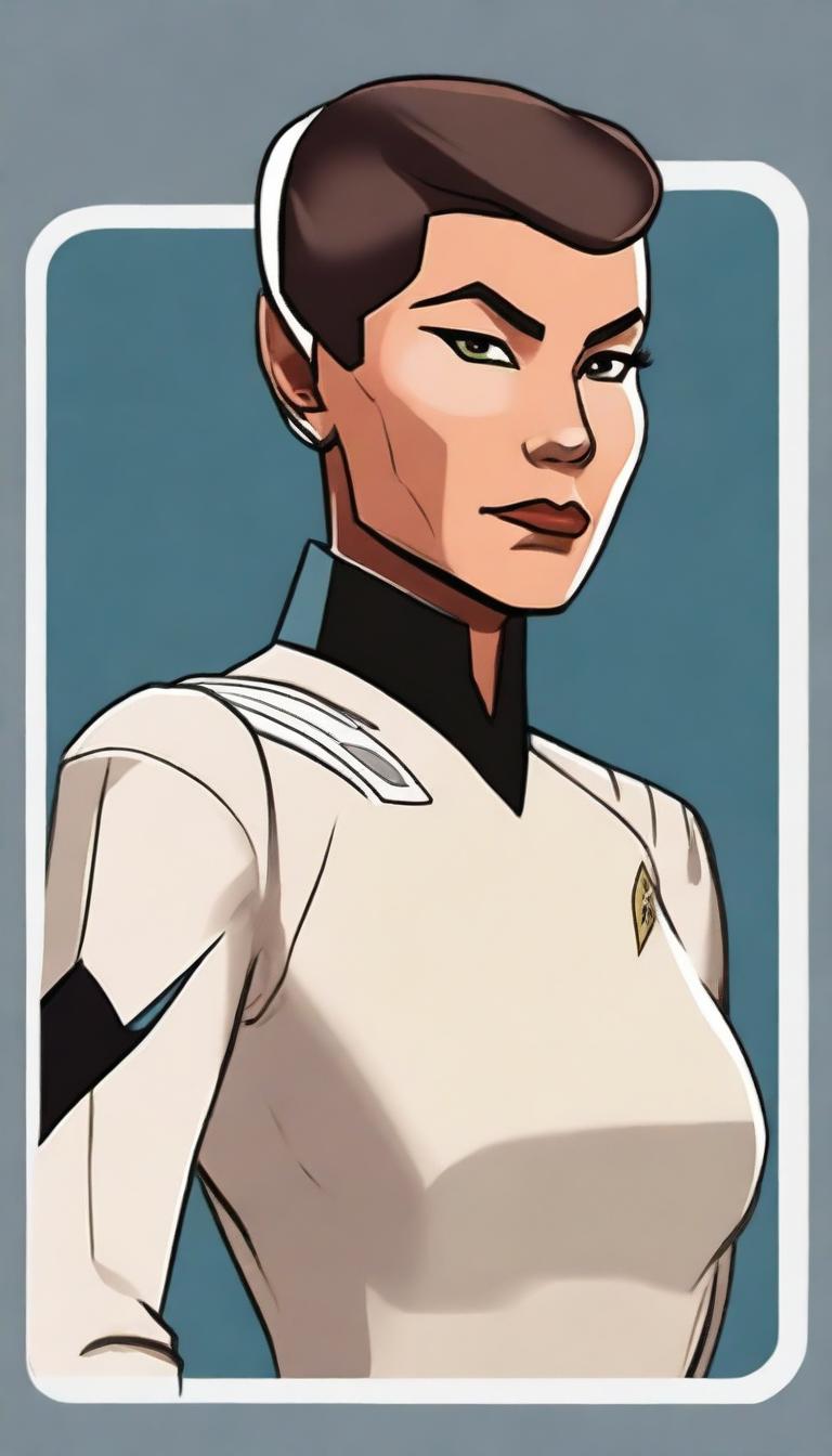 Create a detailed character illustration of a female Vulcan science officer wearing the Star Trek uniforms from the Lower Decks series