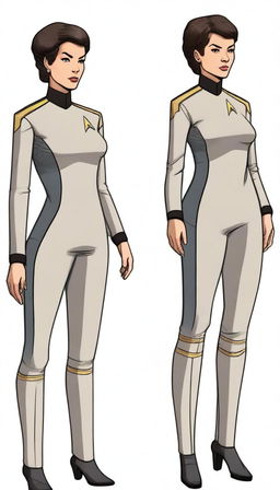 Create a detailed character illustration of a female Vulcan science officer wearing the Star Trek uniforms from the Lower Decks series