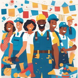 A vibrant and cheerful Labor Day print featuring various workers in different professions, celebrating their hard work and dedication