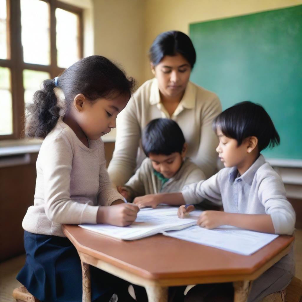 A group of children studying English in a classroom setting