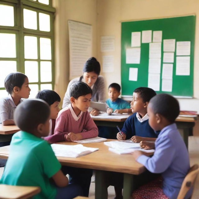 A group of children studying English in a classroom setting