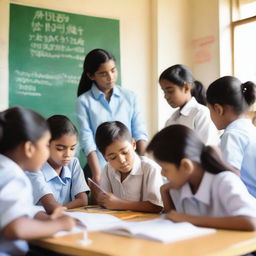 A group of children studying English in a classroom setting