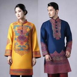 A detailed and stylish design of a traditional baju, featuring intricate patterns and vibrant colors