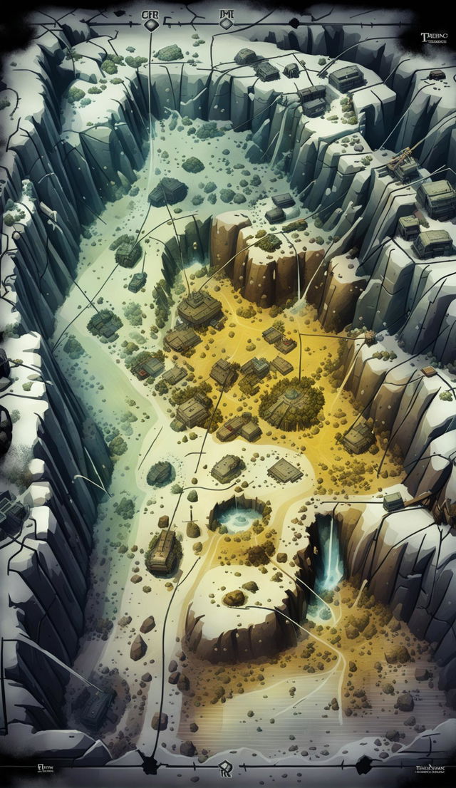 A detailed map of a trench warfare site in northern Faerûn for Dungeons & Dragons 5th Edition, featuring interconnected trenches, magical elements, and rugged terrain