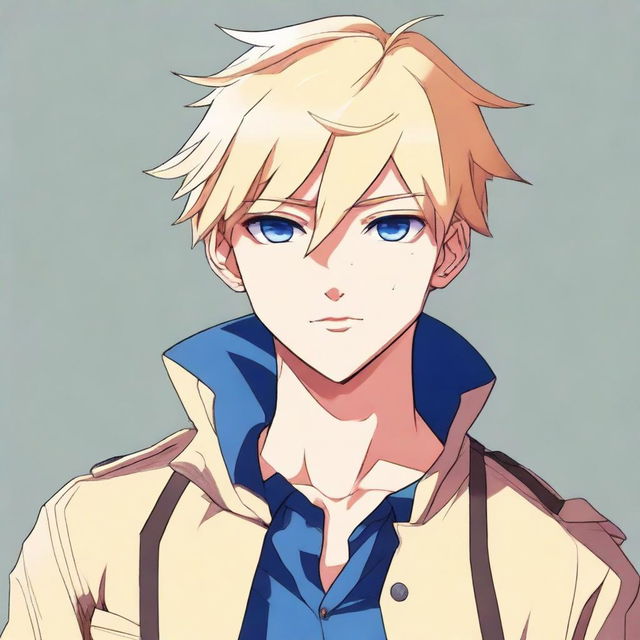 Create an anime-style image of a male character with short blonde hair, a mole under his eye, and blue eyes