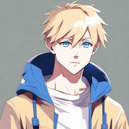 Create an anime-style image of a male character with short blonde hair, a mole under his eye, and blue eyes