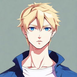 Create an anime-style image of a male character with short blonde hair, a mole under his eye, and blue eyes