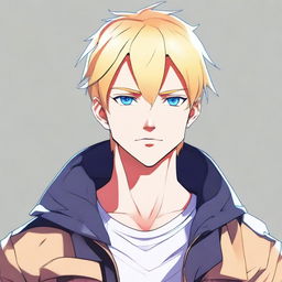 Create an anime-style image of a male character with short blonde hair, a mole under his eye, and blue eyes