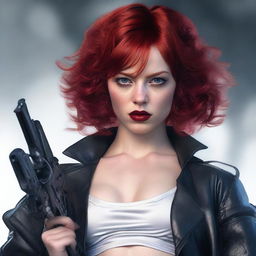 A hyper-realistic photo of a young woman with short wavy red hair, ivory skin, ruby red eyes, and black lips